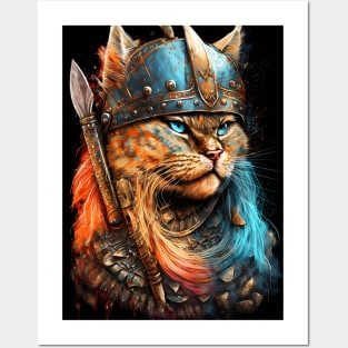 Viking Cat Portrait Painting Posters and Art